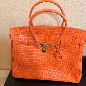Orange Crocodile-Embossed Handbag size 35